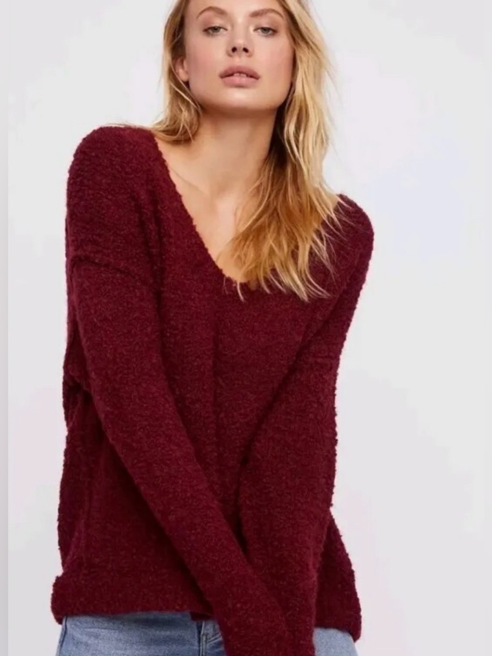 Free People Lofty Bouclé Cozy V-Neck Women's Sweater in Deep Wine XS